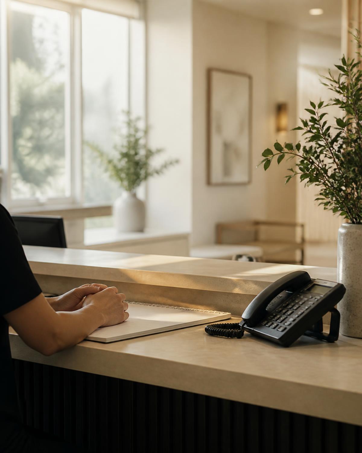 Sunlit reception desk at Australia Pain Management with a notepad and telephone