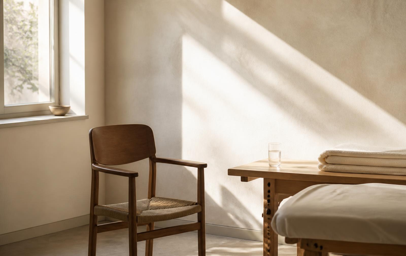 Quiet consulting room with a wooden chair, folded blanket and glass of water in morning light