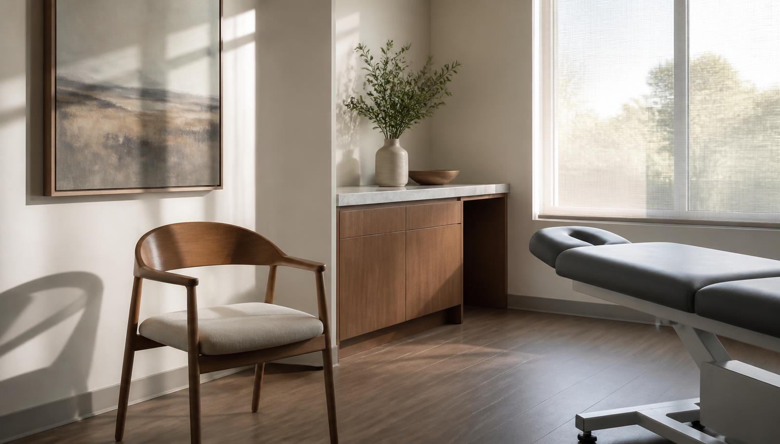 Consultation room at Australia Pain Management with a wooden chair and treatment table in soft daylight